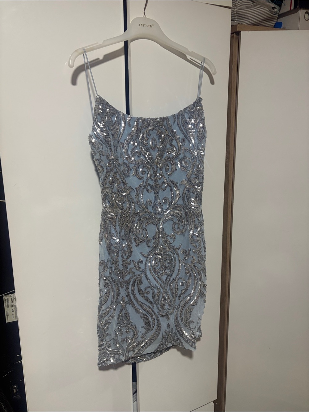 Windsor Silver Sequin Light Blue Mini Slip Dress
